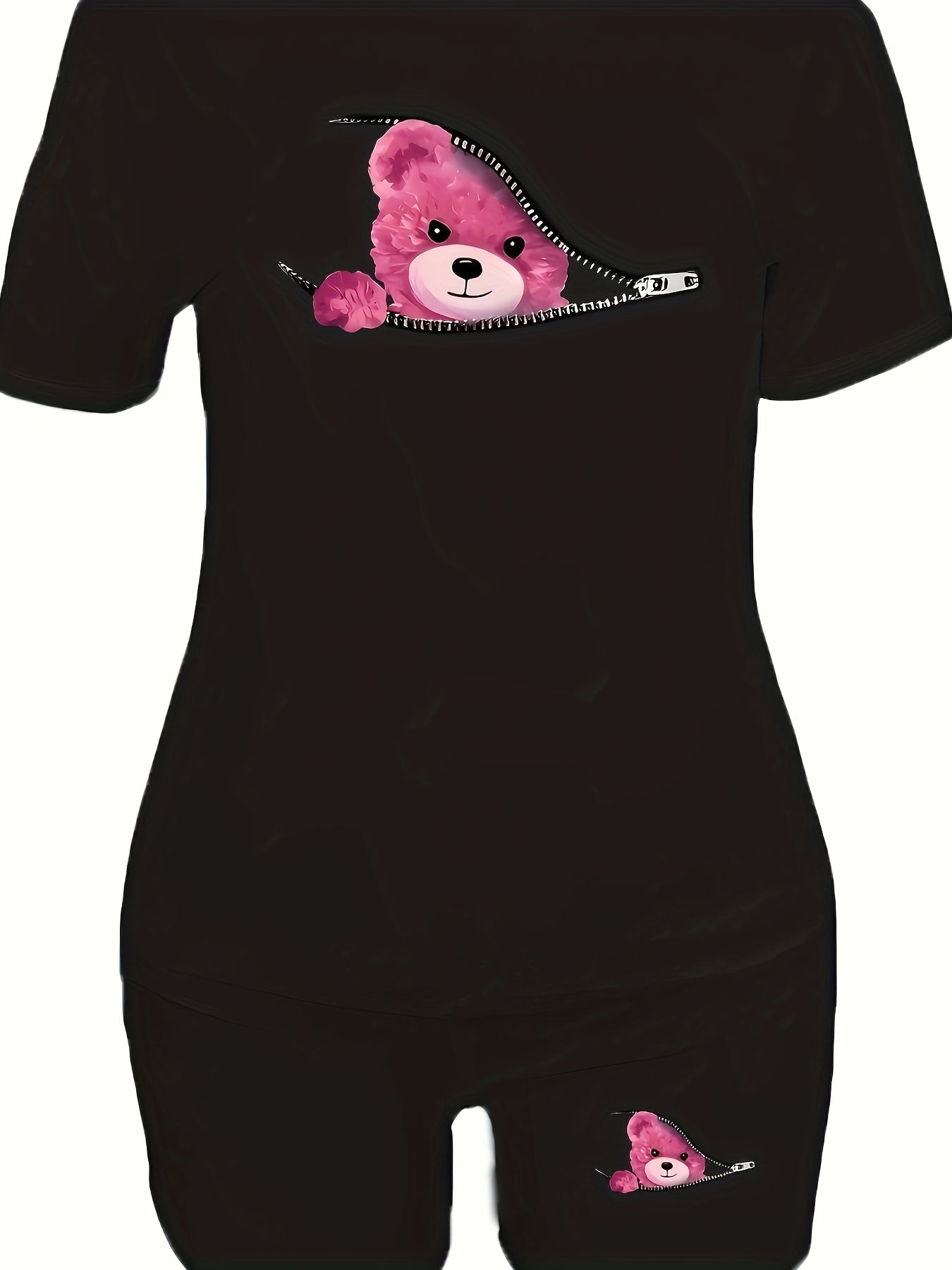 Adorable Bear Print Womens Casual Shorts Set - Comfortable Crew Neck Short Sleeve T-Shirt &figure-Hugging Skinny Shorts Outfit - Trendy Two-Piece Ensemble for Fashionable Ladies