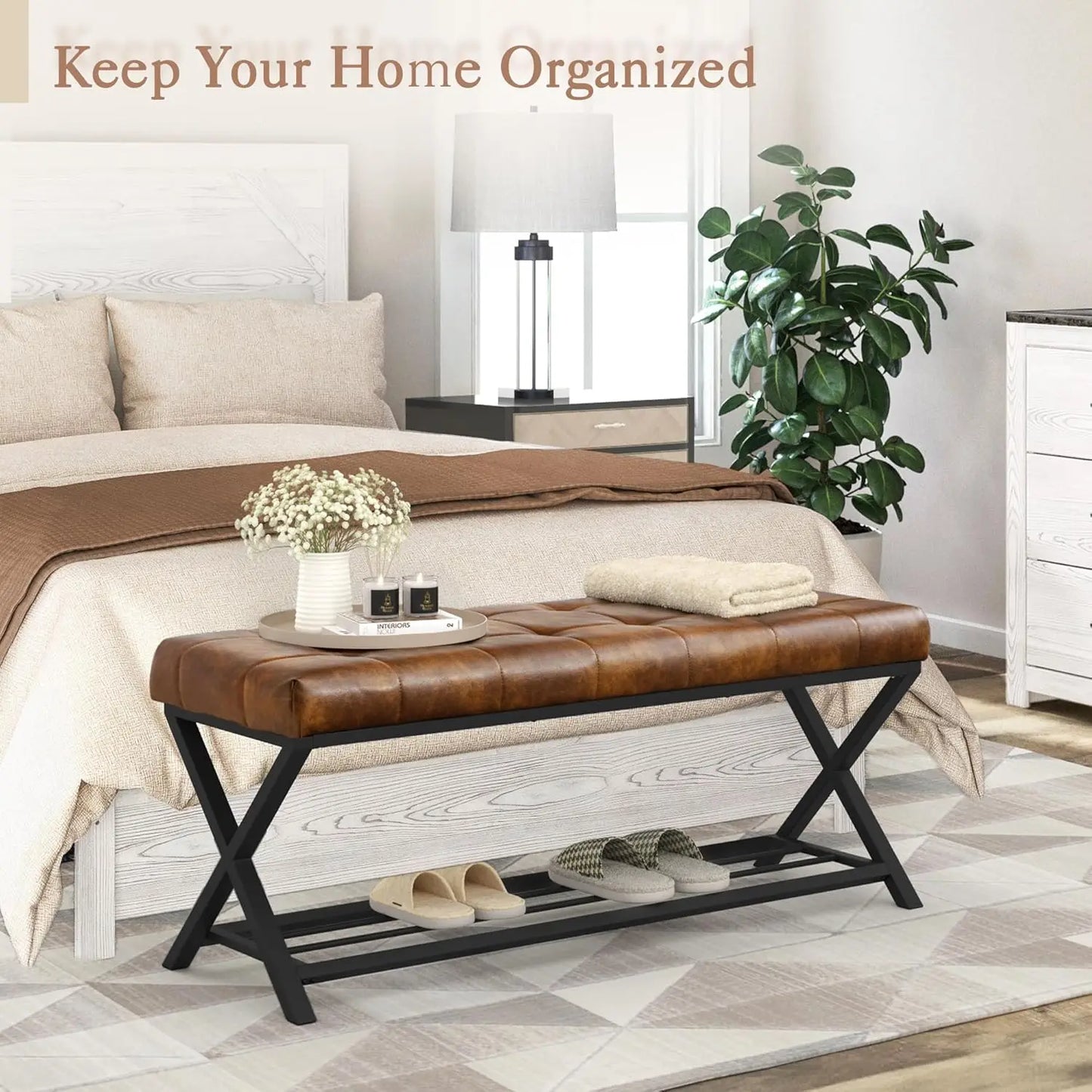 End of Bed Bench with Shelf, Linen Tufted Upholstered Storage Shoe Bench, Modern Bedroom Bench with Metal Legs for Living Room,