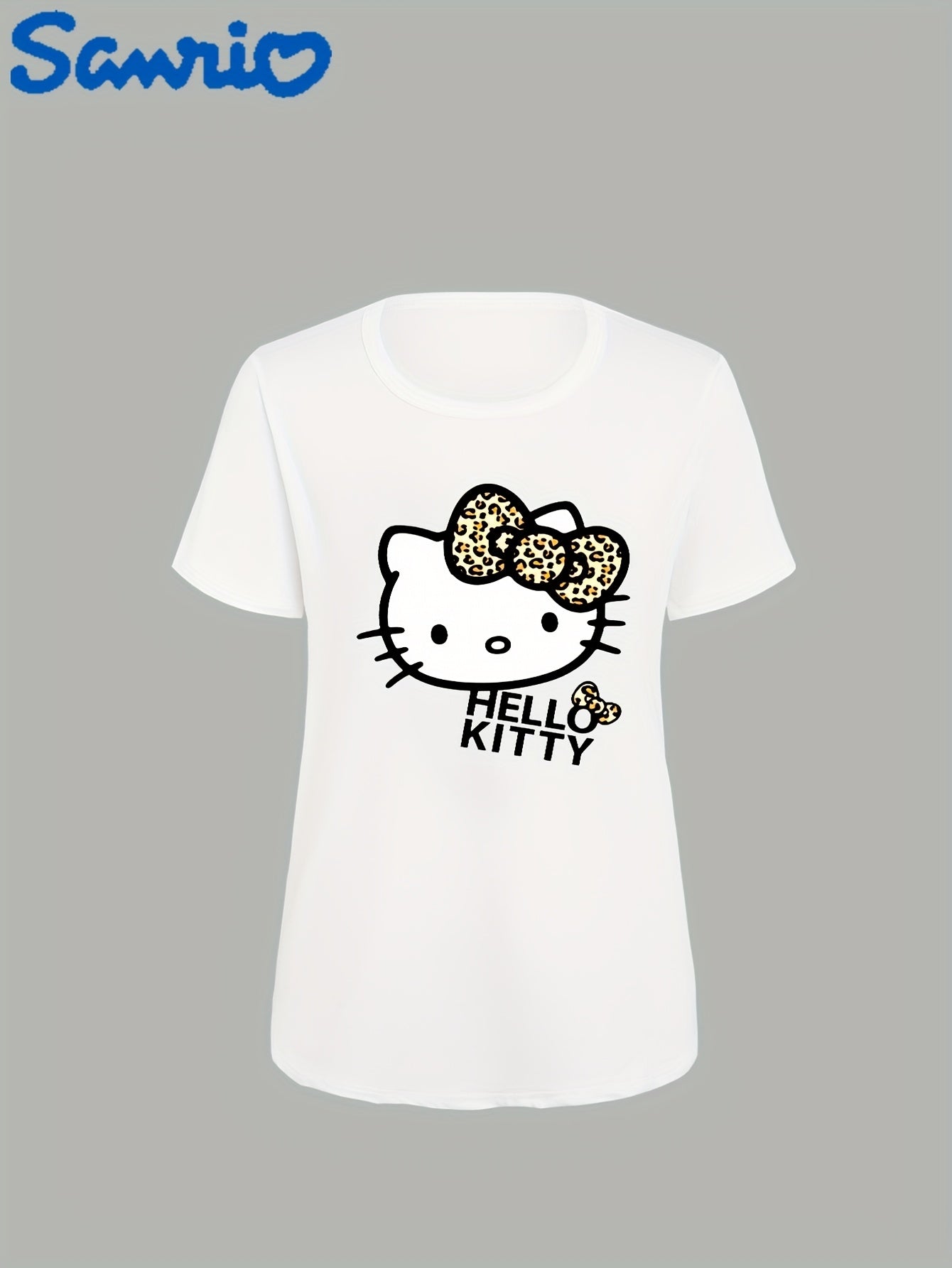 Sanrio Hello Kitty Leopard Print Bow Cute Cartoon Graphic Women's T-Shirt - White Casual Round Neck Tee for Spring/Summer, Soft Polyester Blend, Machine Washable, Everyday Tee | Cartoon Print Top | Hello Kitty Design, Sanrio