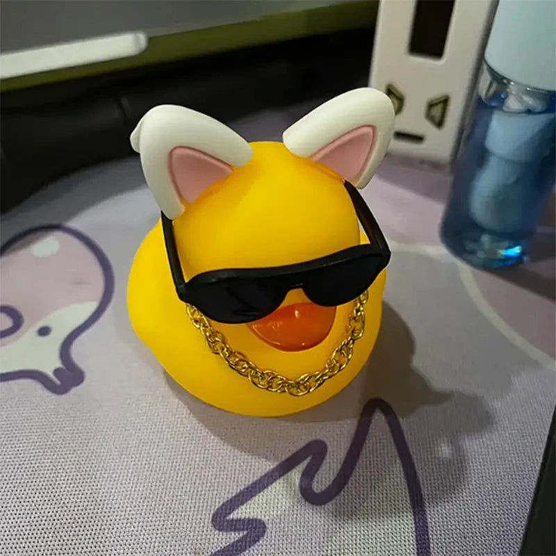 Car Duck Car Rubber Dashboard Decorations Ornament Yellow Duck with Mini Swim Ring Sun Cowboy Hat Necklace