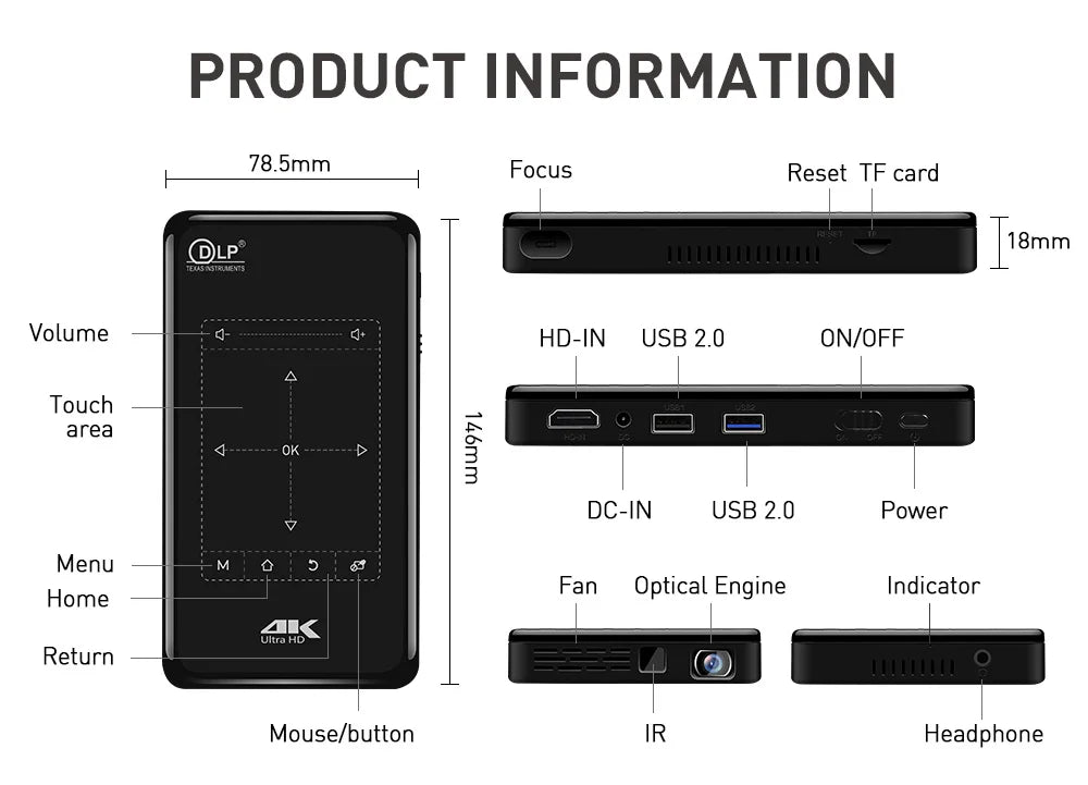 Mini Portable Projector Home Theater 4K 3D DLP Android Smart Ceiling Car Outdoor Wifi Bluetooth Mobile Battery Rechargeable LED