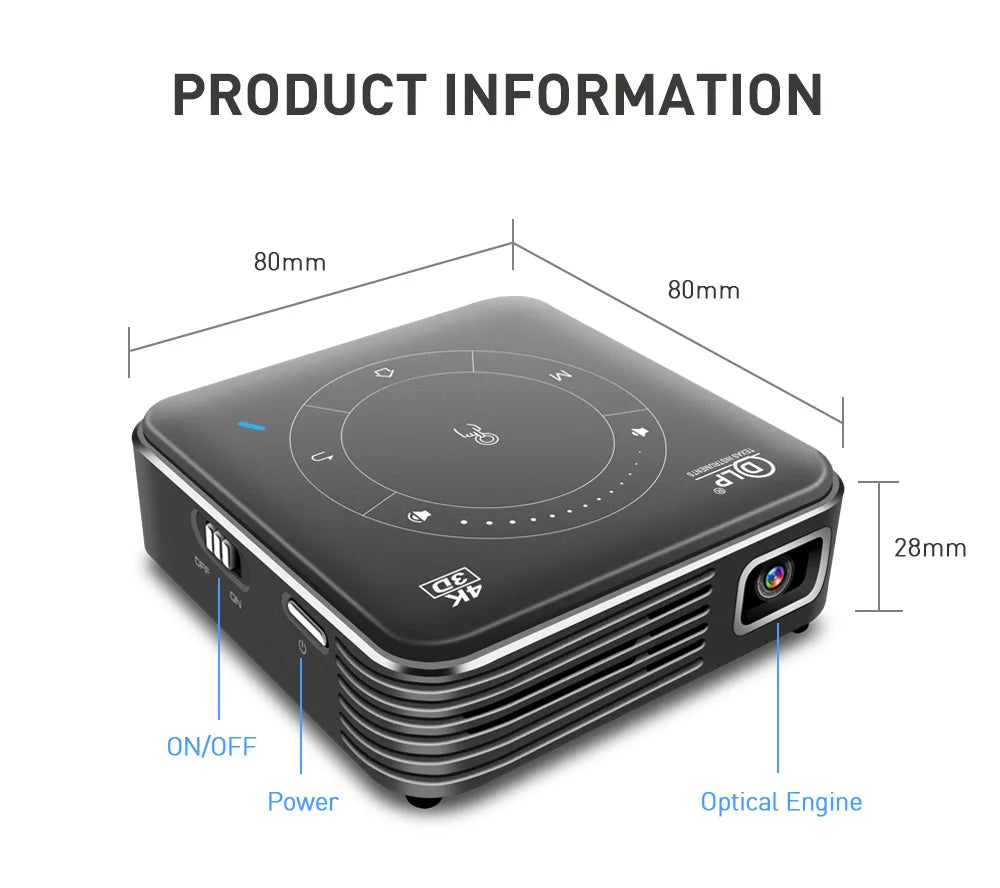 Mini Portable Projector Home Theater 4K 3D DLP Android Smart Ceiling Car Outdoor Wifi Bluetooth Mobile Battery Rechargeable LED