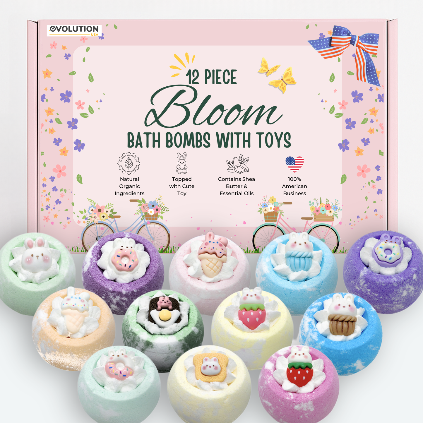 EvolutionUSA 12pc Bloom Bath Bombs with Toys Inside, Adorable Girl Bath Bomb Set, Bubbly Kids Bathbombs, Fizzy Bath Ball, Kids Bath Bombs for Girls, Childrens Bath Bomb Set Birthday, Christmas