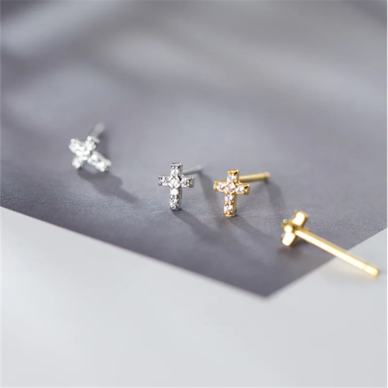 WOOZU Real 925 Sterling Silver Mini Simple Cross Zircon Stud Earrings For Women Party Korean Teen Punk Jewelry Gift Accessories