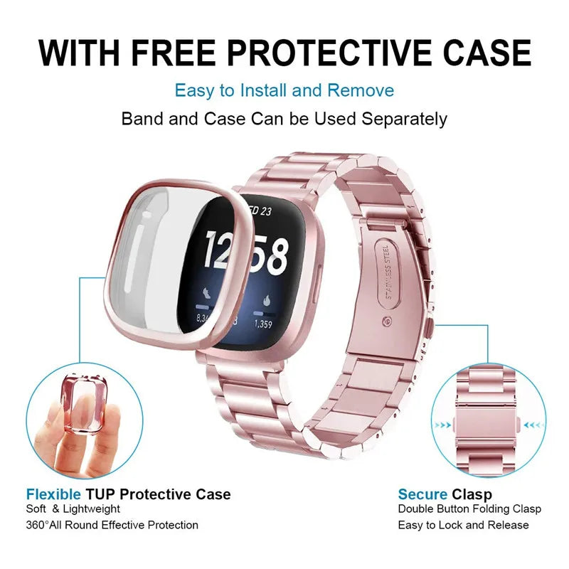 For Fitbit Versa 4 3 Band Milanese Stainless Steel Metal Strap For Fitbit Versa Sense 2 with Screen Protective Case