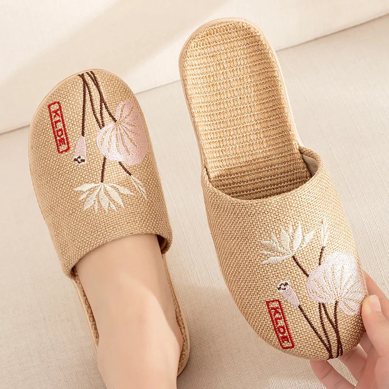 Mntrerm 2023 New Men's and Women's Slippers Baotou Embroidered Linen Slippers Four Seasons Breathable EVA Home Viscose Slippers