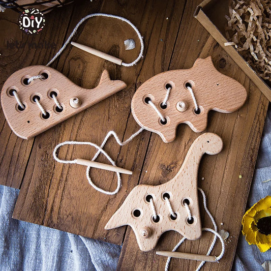 Wooden Kindergarten Mouse Threading Board Lacing Beech Wooden Sewing Toys Dinosaur Button Beaded Blocks For Boys Girls Products