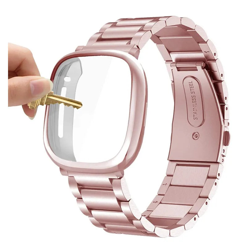 For Fitbit Versa 4 3 Band Milanese Stainless Steel Metal Strap For Fitbit Versa Sense 2 with Screen Protective Case