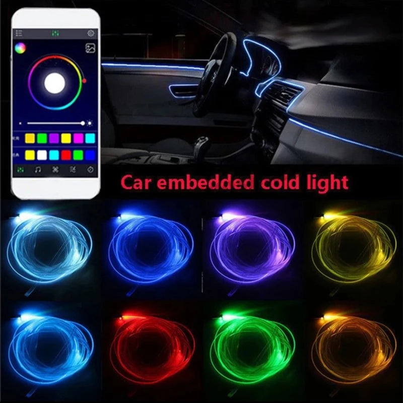 6 in 1 LED Atmosphere Car Light RGB Flexible Decorative Lamp 8M Interior Ambient Light by App Control Fiber Optic Strips Light