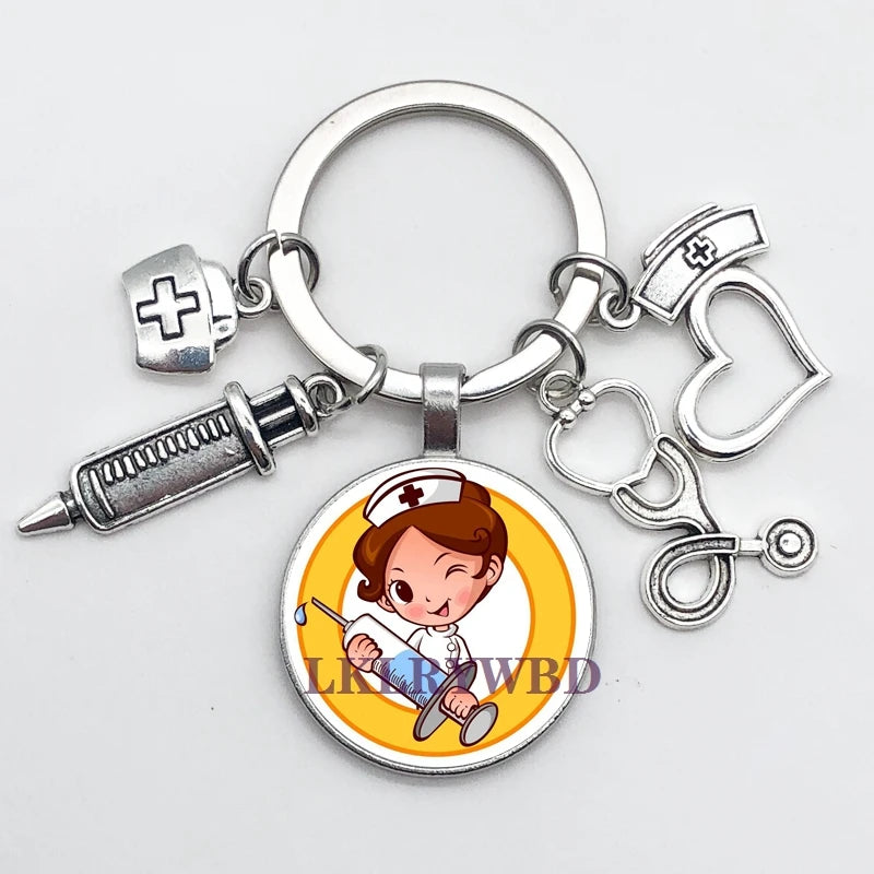 New/high quality 1 piece nurse medical syringe stethoscope image keychain glass cabochon and glass dome key ring pendant gift.