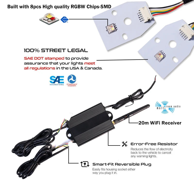 Car Bluetooth APP Remote Control RGBW MultiColor LED Headlight Circuit Board Light Kit For 2015-2020 Dodge Charger DRL