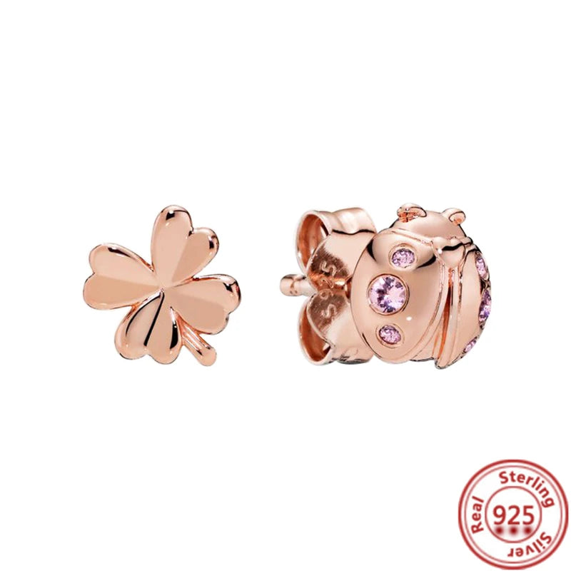 2024 New 925 Sterling Silver Earring Crown Fan Heart Round Rose Gold Pantaro Female Earrings Women Fashion DIY European Jewelry