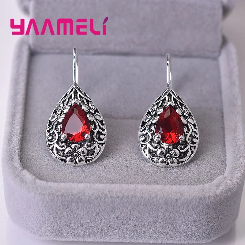 Retro Palace Royal Style Waterdrop Earring for Women Antique 925 Sterling Silver Red Zircon Flower Carving Pendientes