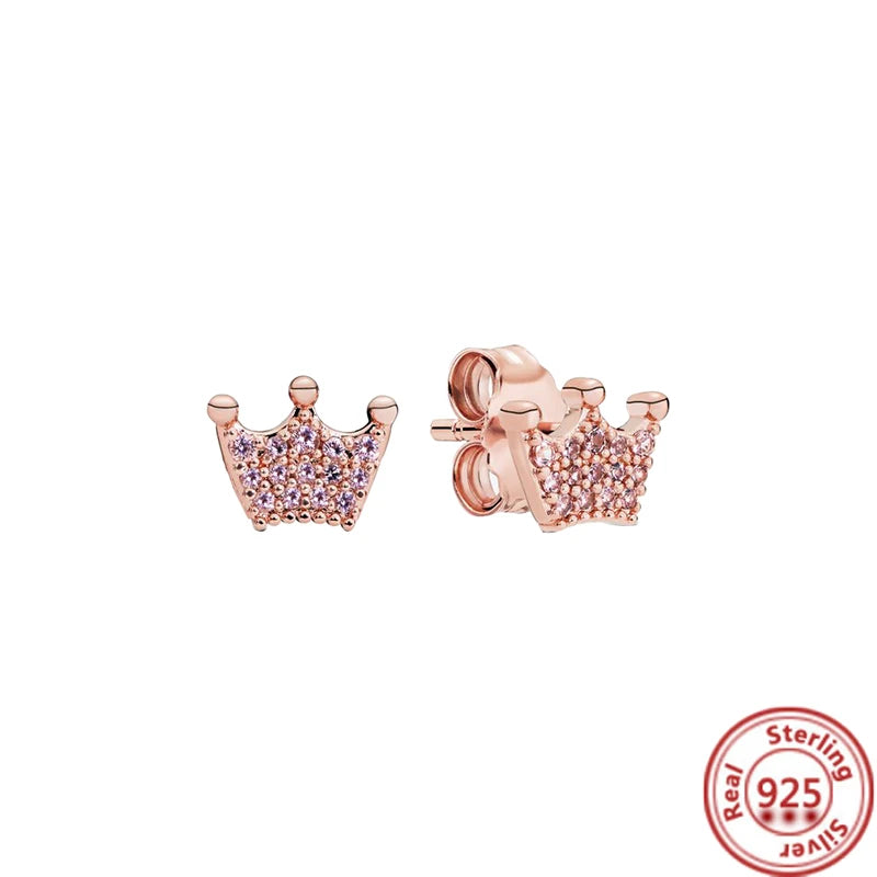 2024 New 925 Sterling Silver Earring Crown Fan Heart Round Rose Gold Pantaro Female Earrings Women Fashion DIY European Jewelry