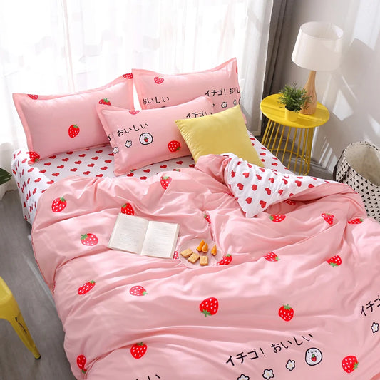 3/4pcs Bedding Set Pink Strawberry Fashion Bed Sheets Queen Size Luxury Bedding Set bed Sheet Sets Duvet Cover Set King Size