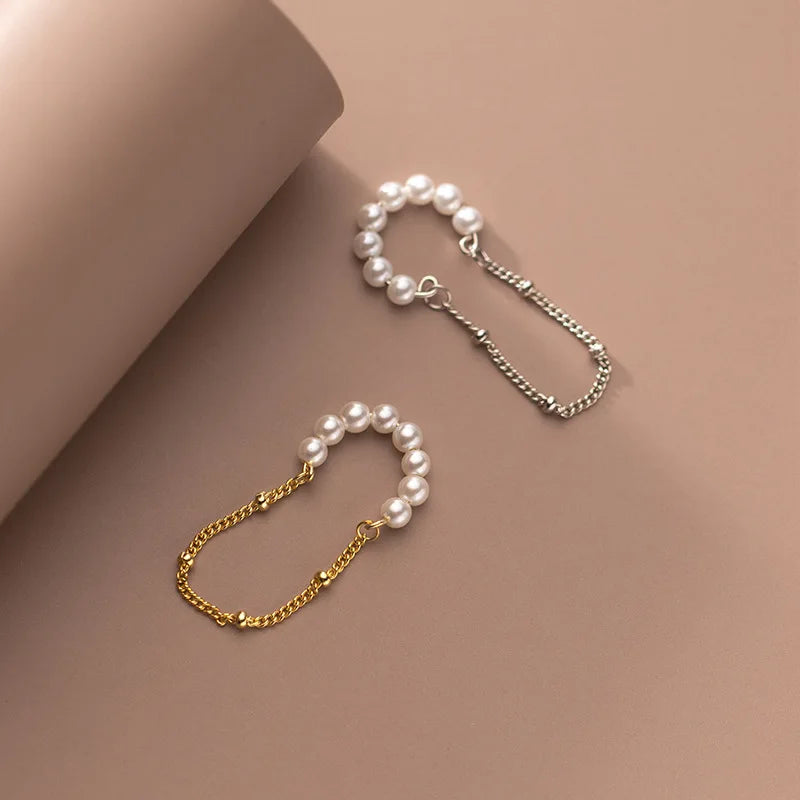 WANTME 925 Sterling Silver Fashion Unique Pearl Chain Ear Clip On Earrings for Women Hip Hop Without Piercing Jewelry Ear Cuff