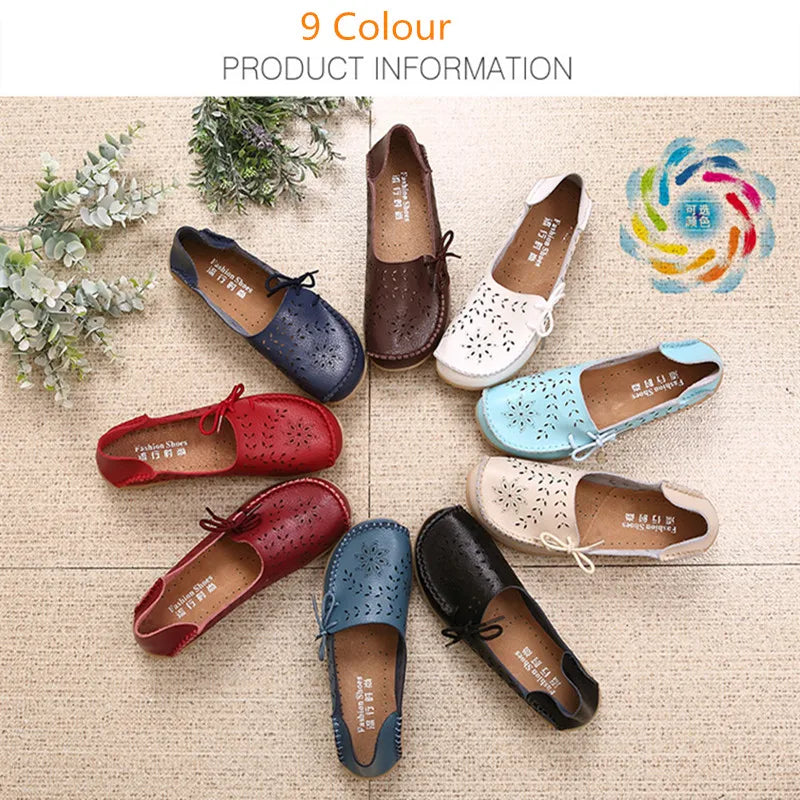 Women's Fashion Summer Footwear of Genuine Leather Sweet Loafers Flat Shoes with Round Toe for Soft Nurse Casual Working Slip On