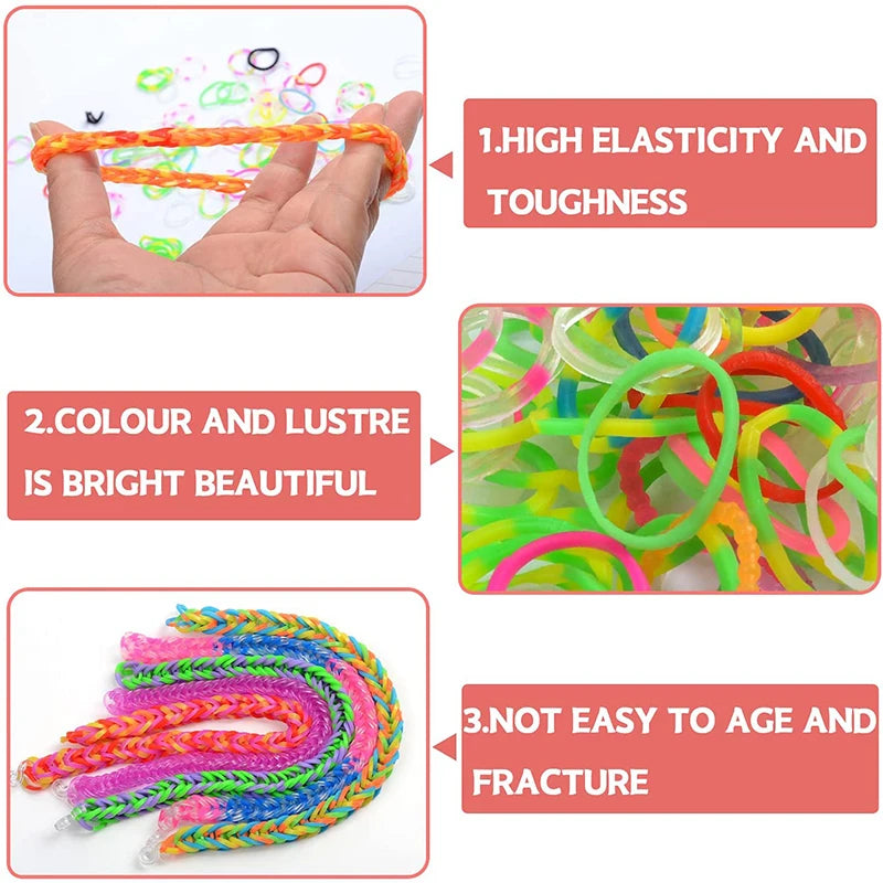 600-1500pcs+ Colorful Loom Bands Set Candy Color Bracelet Making Kit DIY Rubber Band Woven Bracelet Kit Girls Craft Toys Gifts