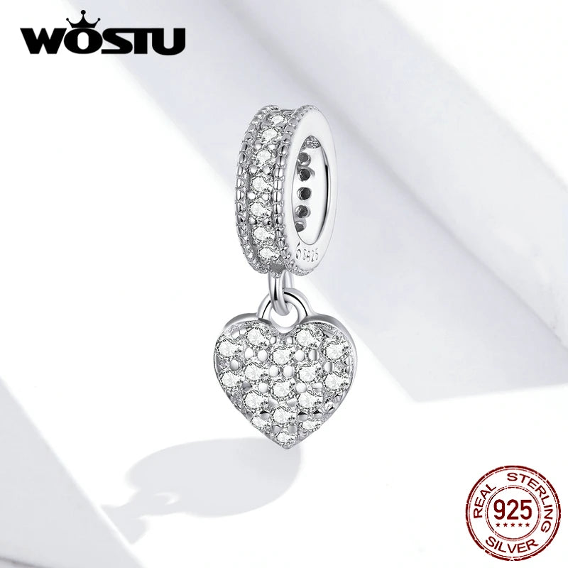 WOSTU Brilliant Heart Dangle Charms 925 Sterling Silver Dazzling Zircon Bead Pendant Fit Original Bracelet Luxury Jewelry CTC211