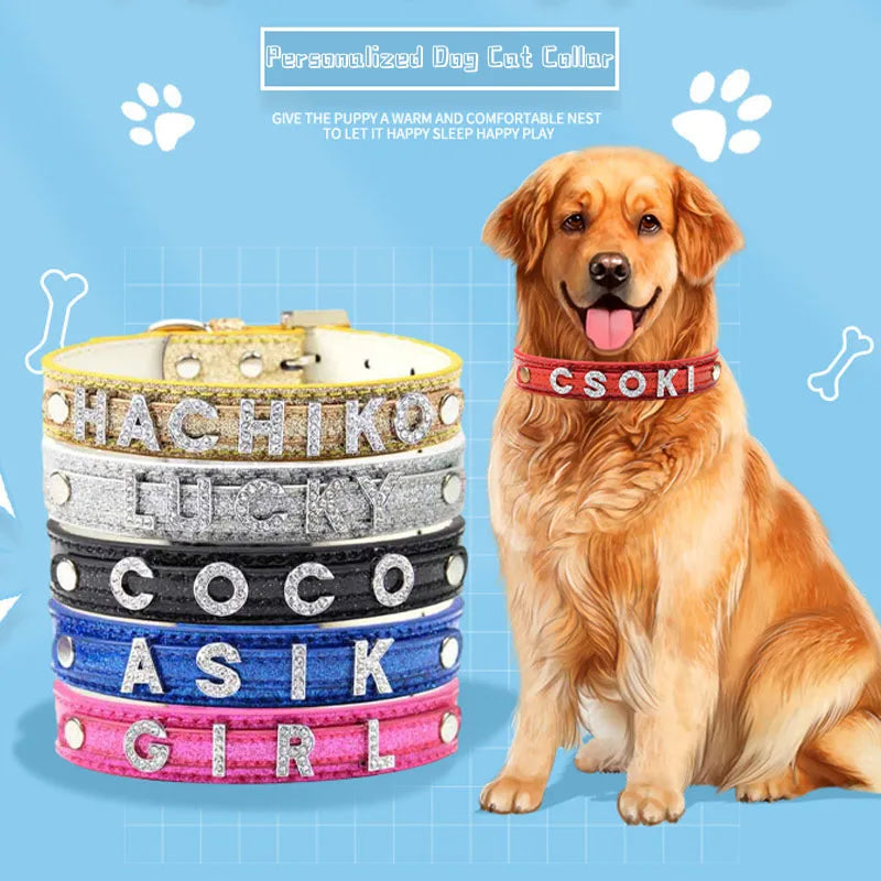 Personalized Dog Collar Bling Rhinestone DIY Names Puppy Cat Leather Collars Small Large Dog Necklace Free Name Pet Accessories