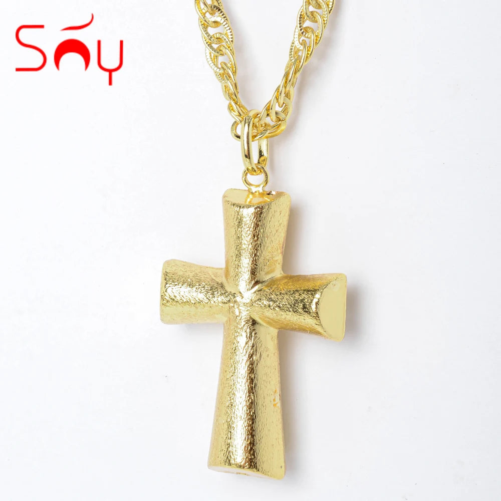 Sunny Jewelry Cross Pendant With Necklace 60cm Pious Christian Copper Hollow High Quality For Women Man Daily Wear Gift