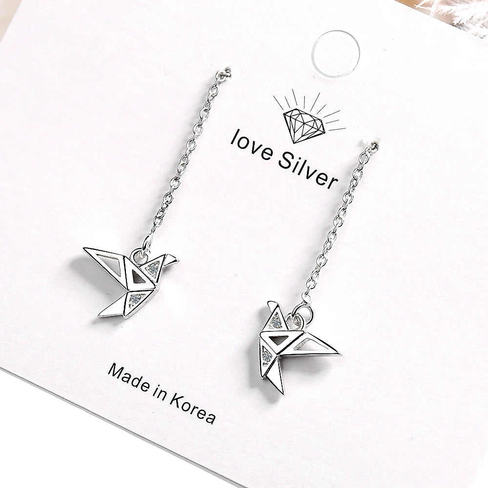 Real. 925 Sterling Silver Fine jewelry origami paper crane dangle earrings Threader GTLE2743