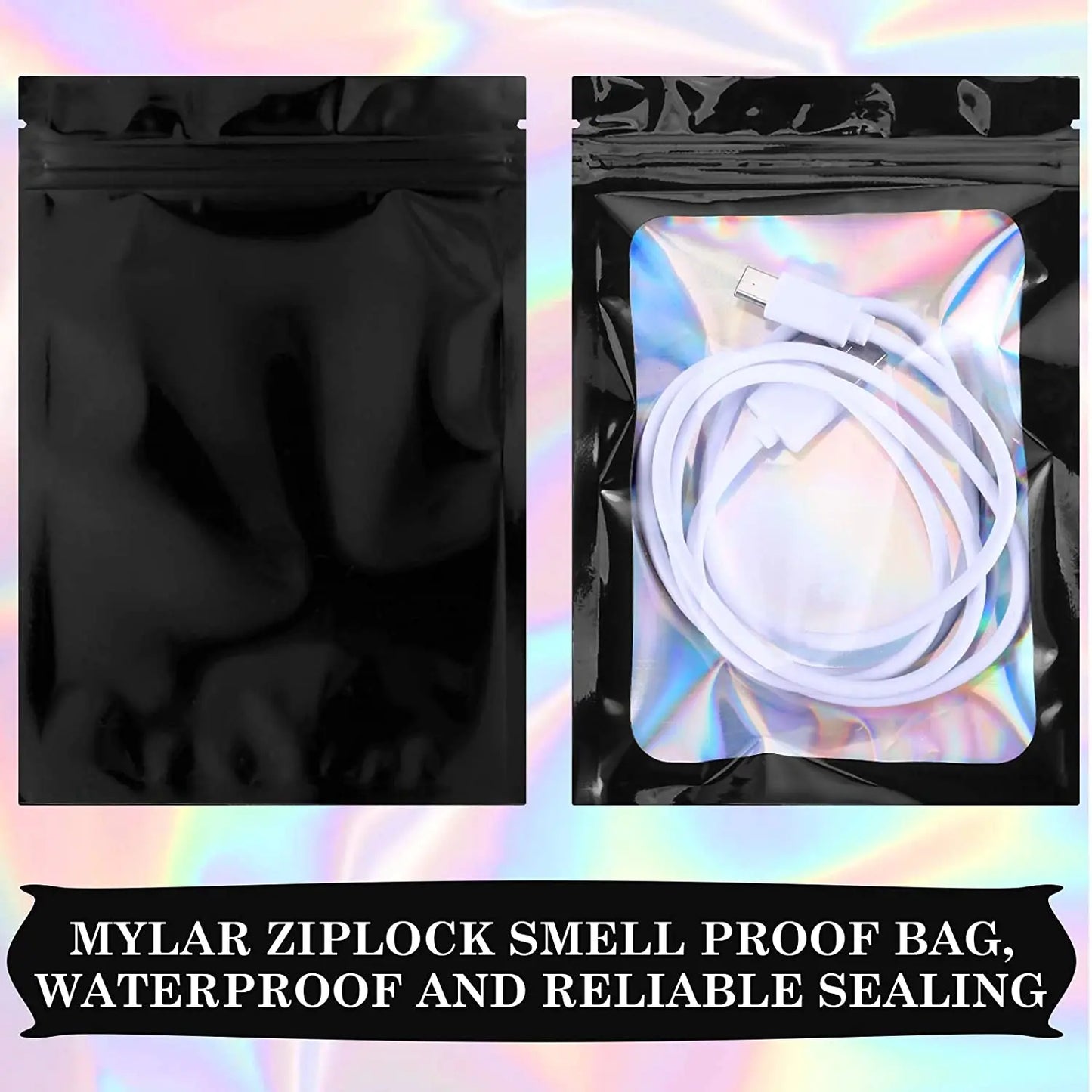 100 Pc Translucent Smell Proof Mylar Bags Resealable Odor Proof Bags Holographic Packaging Pouch Bag With Clear Window For Food