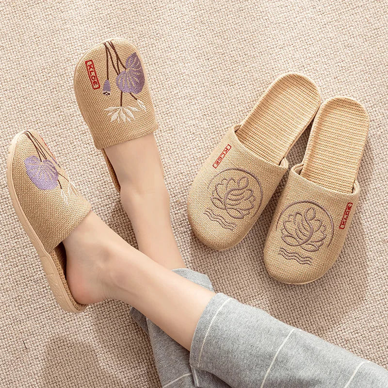 Mntrerm 2023 New Men's and Women's Slippers Baotou Embroidered Linen Slippers Four Seasons Breathable EVA Home Viscose Slippers