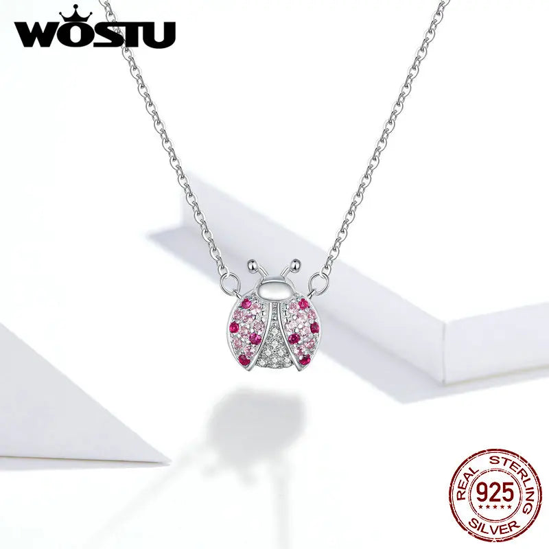 Hot Sale Ladybug Necklace WOSTU High Quality 100% 925 Sterling Silver Pink Cubic Zirconia Women Necklace Silver Jewelry CQN400