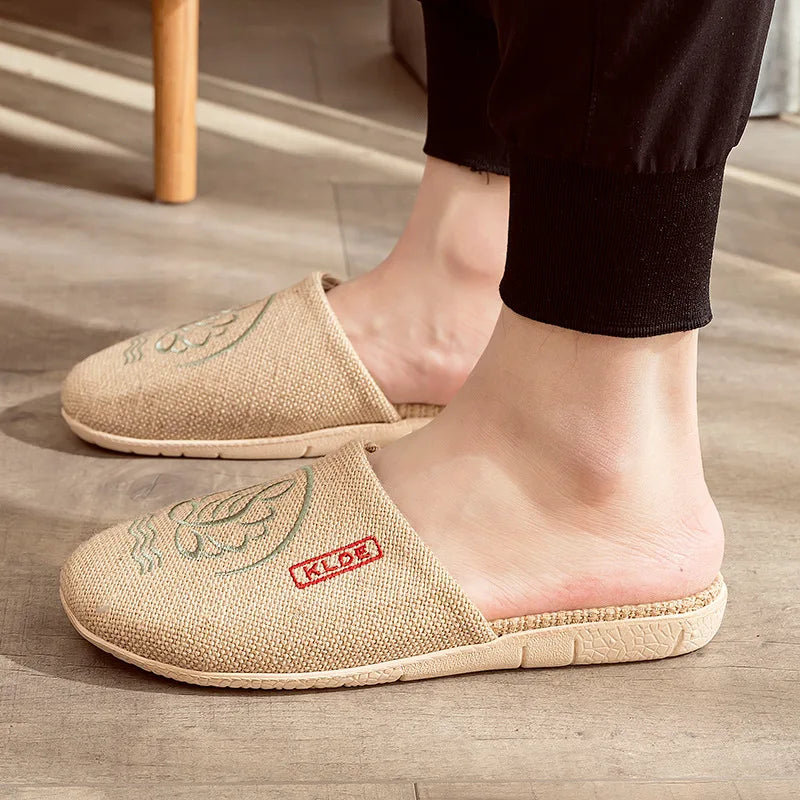 Mntrerm 2023 New Men's and Women's Slippers Baotou Embroidered Linen Slippers Four Seasons Breathable EVA Home Viscose Slippers