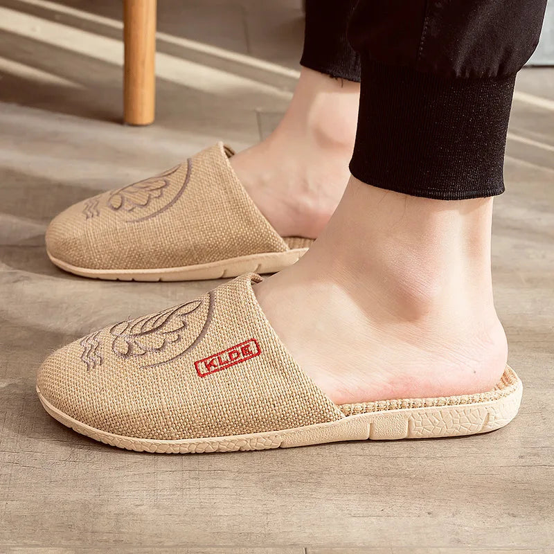 Mntrerm 2023 New Men's and Women's Slippers Baotou Embroidered Linen Slippers Four Seasons Breathable EVA Home Viscose Slippers