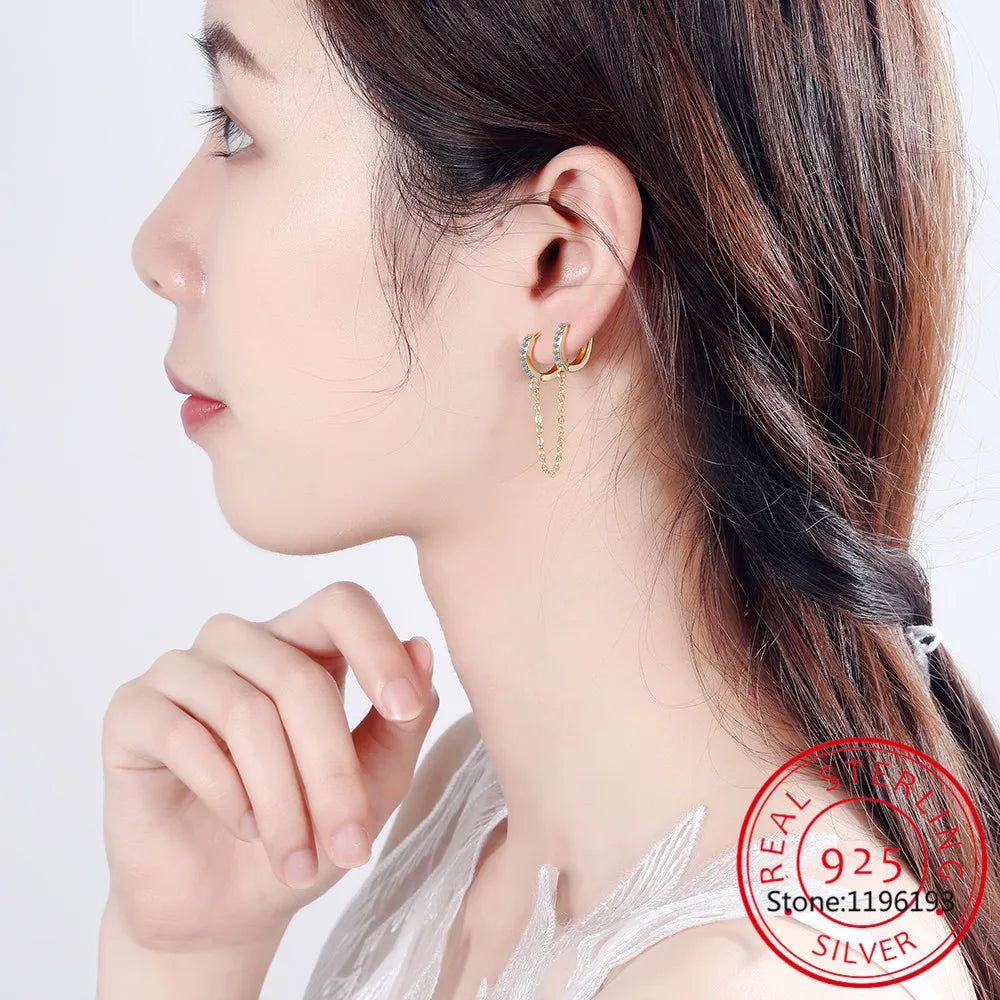 Solid 925 Sterling Silver Double Earrings Chain Small Round Circle Hoop Tassel Ear Rings Two Ear Holes Helix Piercing SE178