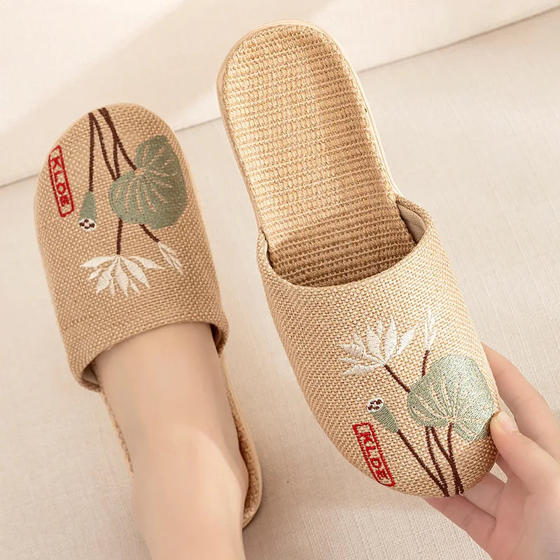 Mntrerm 2023 New Men's and Women's Slippers Baotou Embroidered Linen Slippers Four Seasons Breathable EVA Home Viscose Slippers