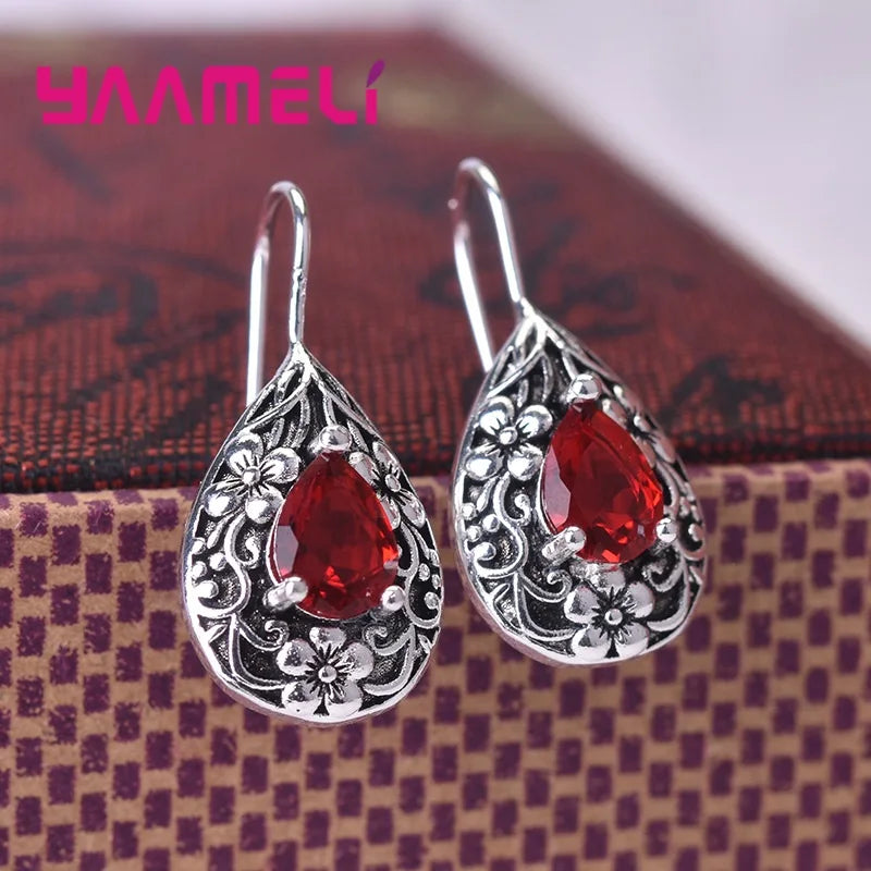 Retro Palace Royal Style Waterdrop Earring for Women Antique 925 Sterling Silver Red Zircon Flower Carving Pendientes