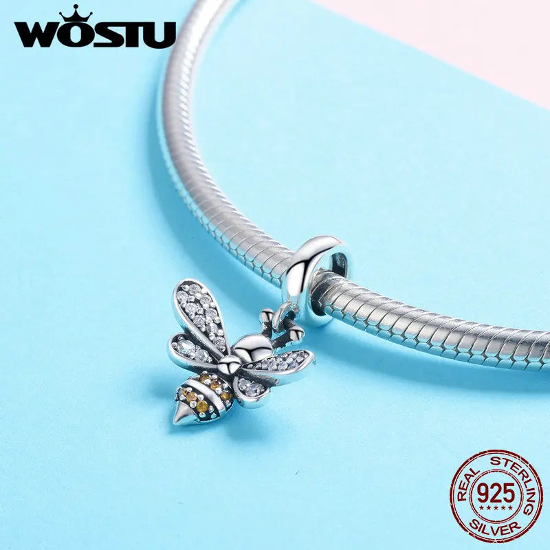 WOSTU 925 Sterling Silver Hot Sell Bee Crystal CZ Chain Bead Charms fit Bracelet Necklace 2019 Fashion Jewelry Party Gift CQC821