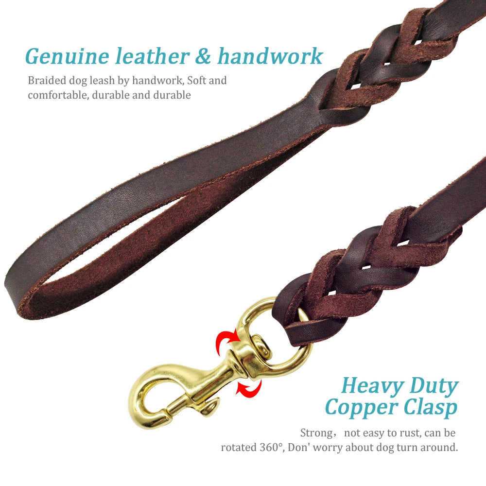 Genuine Leather Dog Leash Dogs Long Leashes Braided Pet Walking Training Leads Brown Black Colors For Medium Large Pet