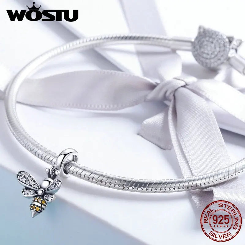 WOSTU 925 Sterling Silver Hot Sell Bee Crystal CZ Chain Bead Charms fit Bracelet Necklace 2019 Fashion Jewelry Party Gift CQC821