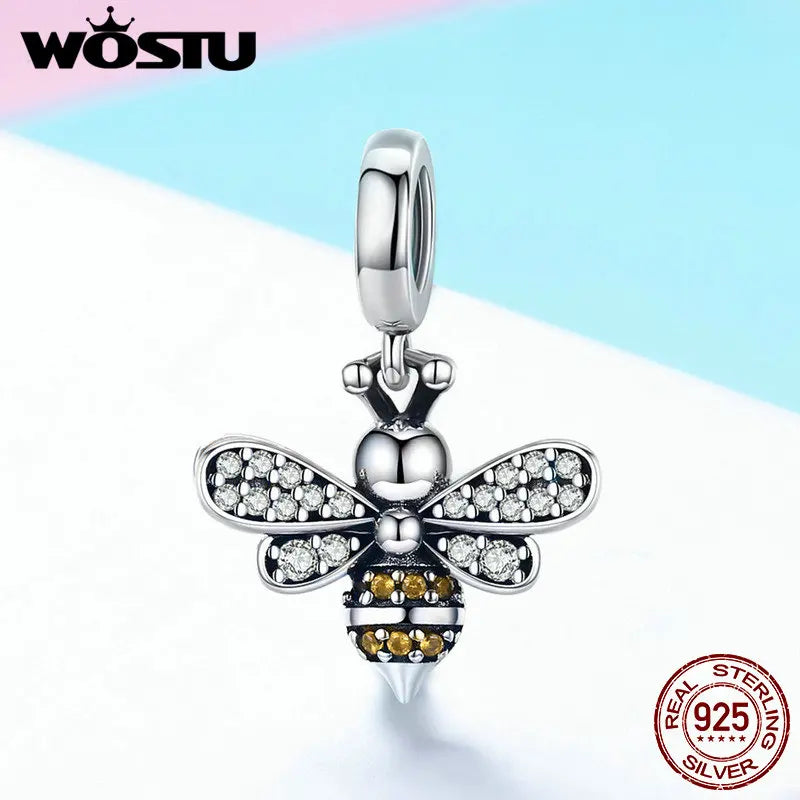 WOSTU 925 Sterling Silver Hot Sell Bee Crystal CZ Chain Bead Charms fit Bracelet Necklace 2019 Fashion Jewelry Party Gift CQC821