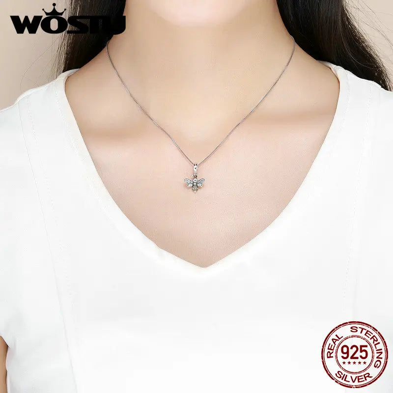 WOSTU 925 Sterling Silver Hot Sell Bee Crystal CZ Chain Bead Charms fit Bracelet Necklace 2019 Fashion Jewelry Party Gift CQC821