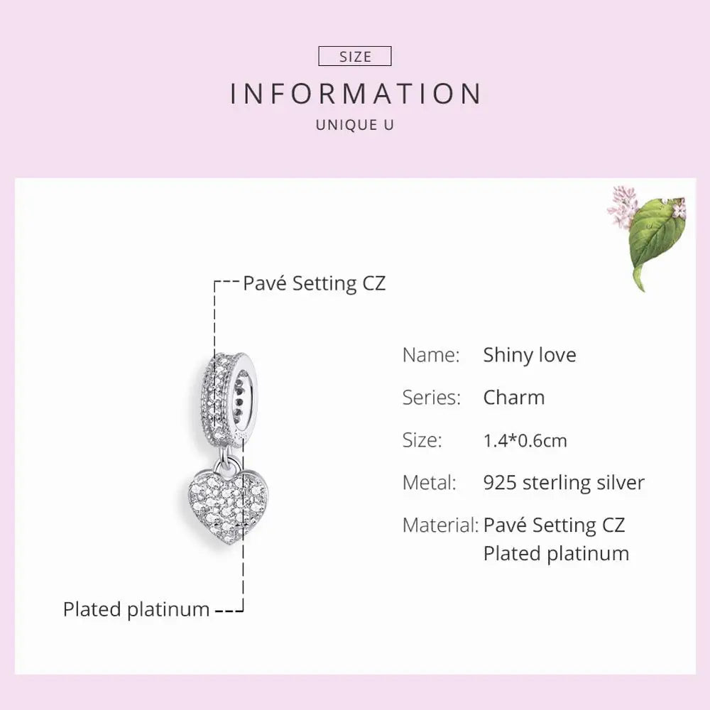 WOSTU Brilliant Heart Dangle Charms 925 Sterling Silver Dazzling Zircon Bead Pendant Fit Original Bracelet Luxury Jewelry CTC211