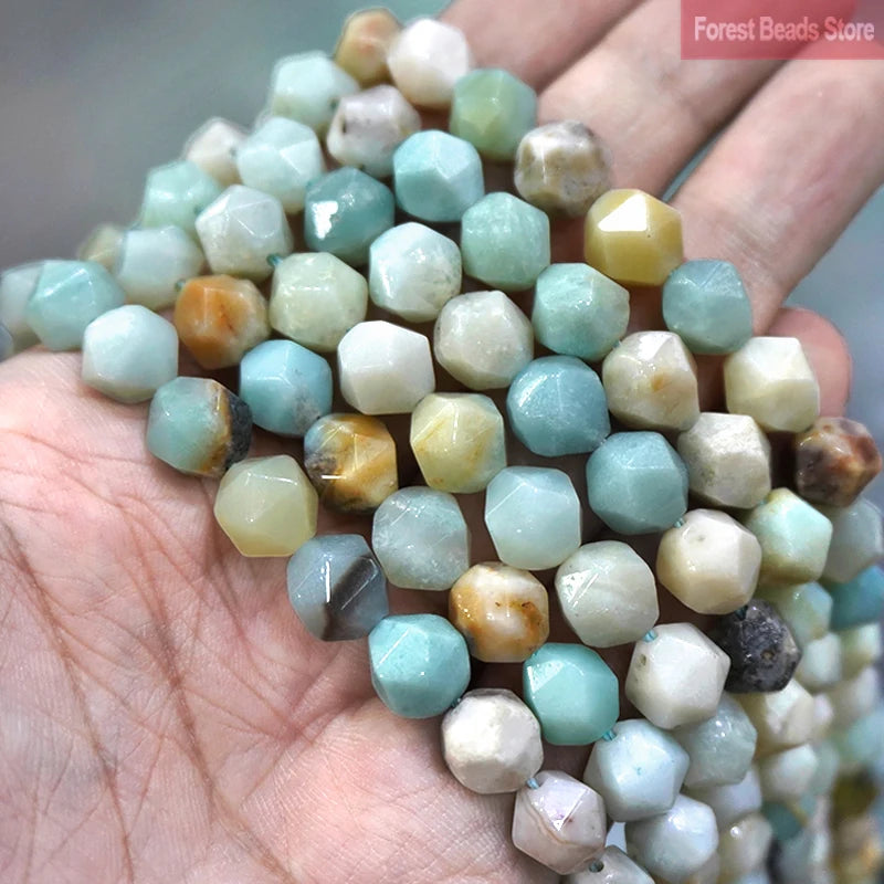 Natural Stone Faceted Mixed Amazonite Spacers Loose Beads DIY Charms Bracelet Accessories for Jewelry Making 14" Strand 6 8 10MM