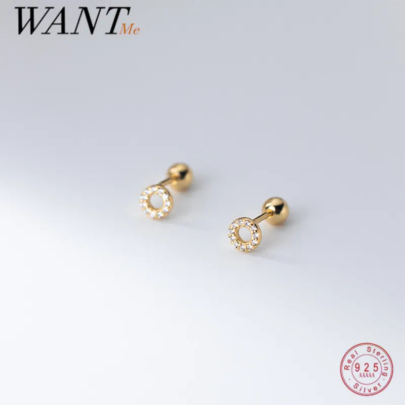 WANTME 925 Sterling Silver Round Hollow Pave Zircon Thread Beads Small Stud Earrings for Women Fashion Party Piercing Jewelry