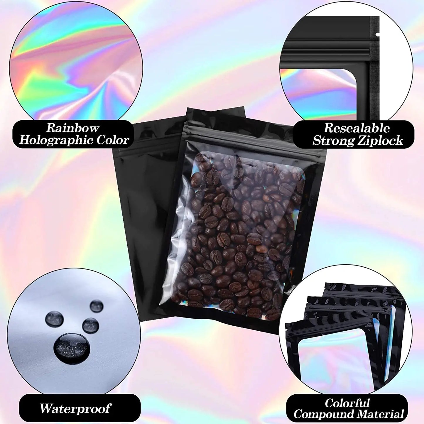 100 Pc Translucent Smell Proof Mylar Bags Resealable Odor Proof Bags Holographic Packaging Pouch Bag With Clear Window For Food