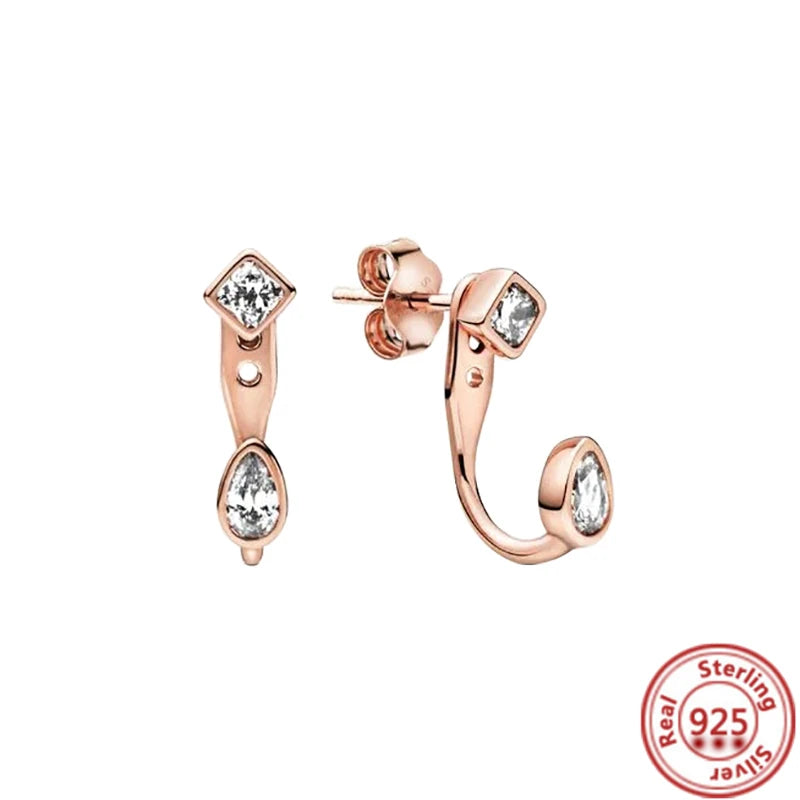 2024 New 925 Sterling Silver Earring Crown Fan Heart Round Rose Gold Pantaro Female Earrings Women Fashion DIY European Jewelry