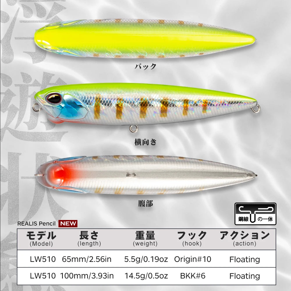 Hunthouse Realis Pencil Fishing Lure Topwater Stickbait Floating 2.56in/3.93in 0.19oz/0.5oz Aritificial Hard Baits For Pike Bass