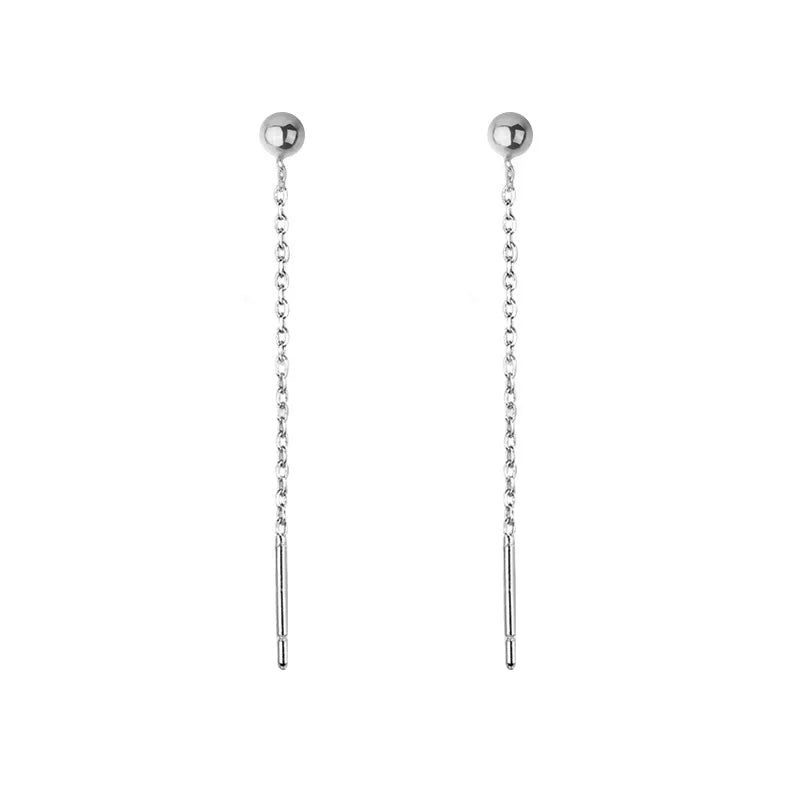 925 Sterling Silver Round Bead Pendant Ear Line Chain Drop Dangle Earrings For Women Long Tassel Elegant Jewelry Gift