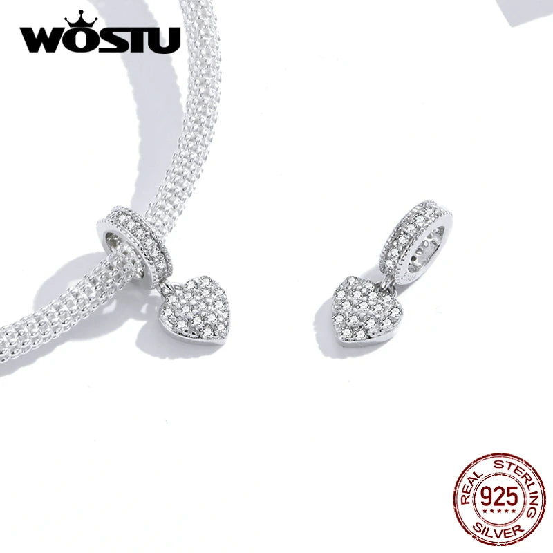 WOSTU Brilliant Heart Dangle Charms 925 Sterling Silver Dazzling Zircon Bead Pendant Fit Original Bracelet Luxury Jewelry CTC211