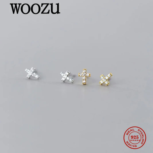 WOOZU Real 925 Sterling Silver Mini Simple Cross Zircon Stud Earrings For Women Party Korean Teen Punk Jewelry Gift Accessories