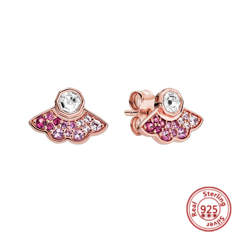 2024 New 925 Sterling Silver Earring Crown Fan Heart Round Rose Gold Pantaro Female Earrings Women Fashion DIY European Jewelry