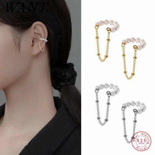 WANTME 925 Sterling Silver Fashion Unique Pearl Chain Ear Clip On Earrings for Women Hip Hop Without Piercing Jewelry Ear Cuff